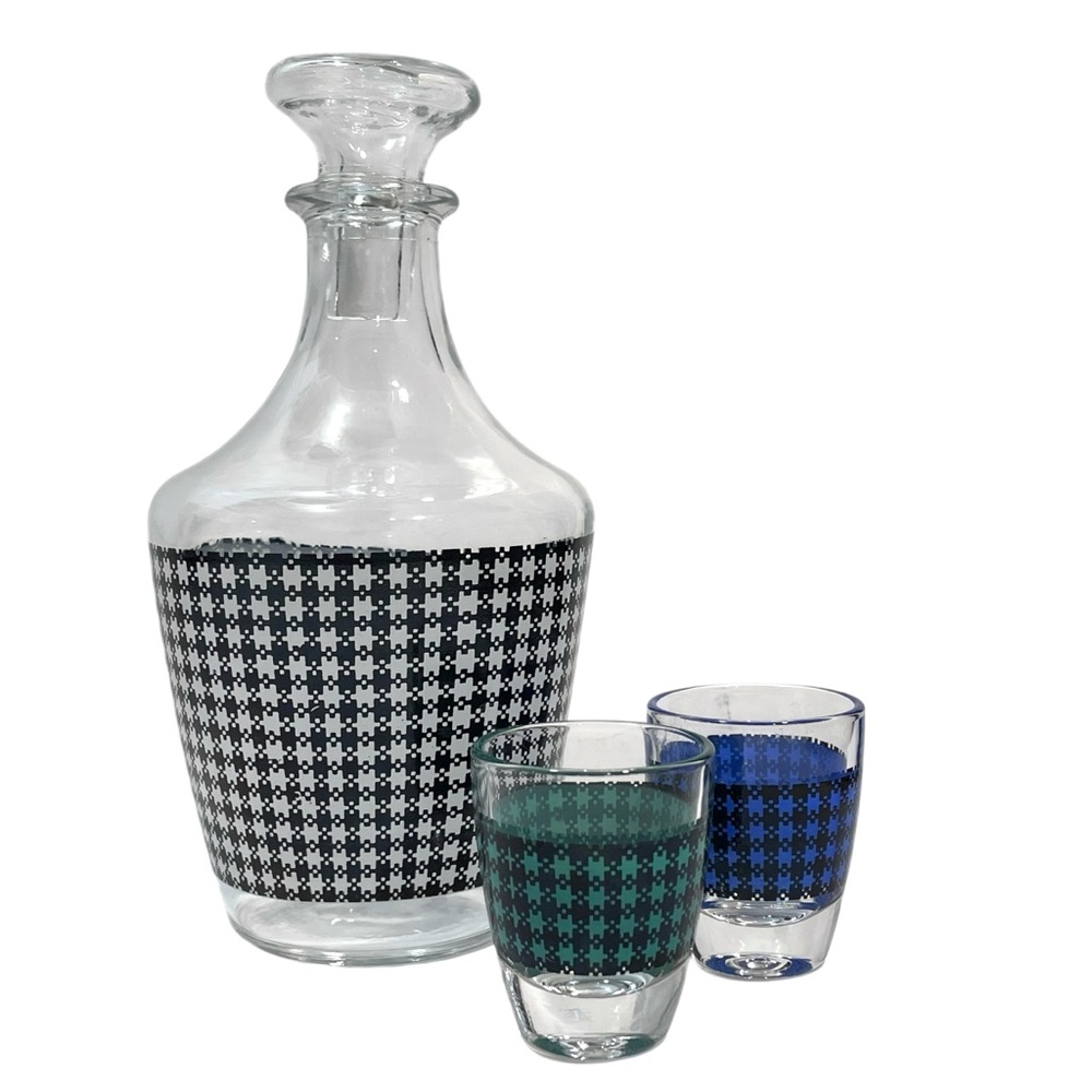 Vintage 1960s Luminarc France Houndstooth Pattern Decanter and Two Shot Glasses